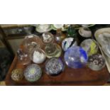 A Tray Containing Forteen Various Glass Paperweights and Will Shakespeare Hanging Ball