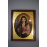An Over Painted Religious Oval Print in Oak Frame, Devotion, 67cm High
