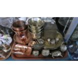 A Tray of Metal Wares to Include Copper and Brass Vases, Plaques, Brass Owl Bells Etc
