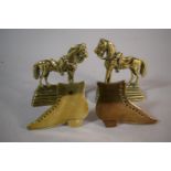 A Pair of Small Victorian Brass Boot Ornaments and a Pair of Small Brass Horse Door Stops