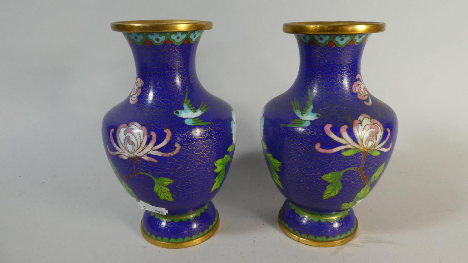 A Pair of Japanese Cloisonne Vases with Floral Decoration on Blue Ground, 18cm High