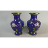 A Pair of Japanese Cloisonne Vases with Floral Decoration on Blue Ground, 18cm High