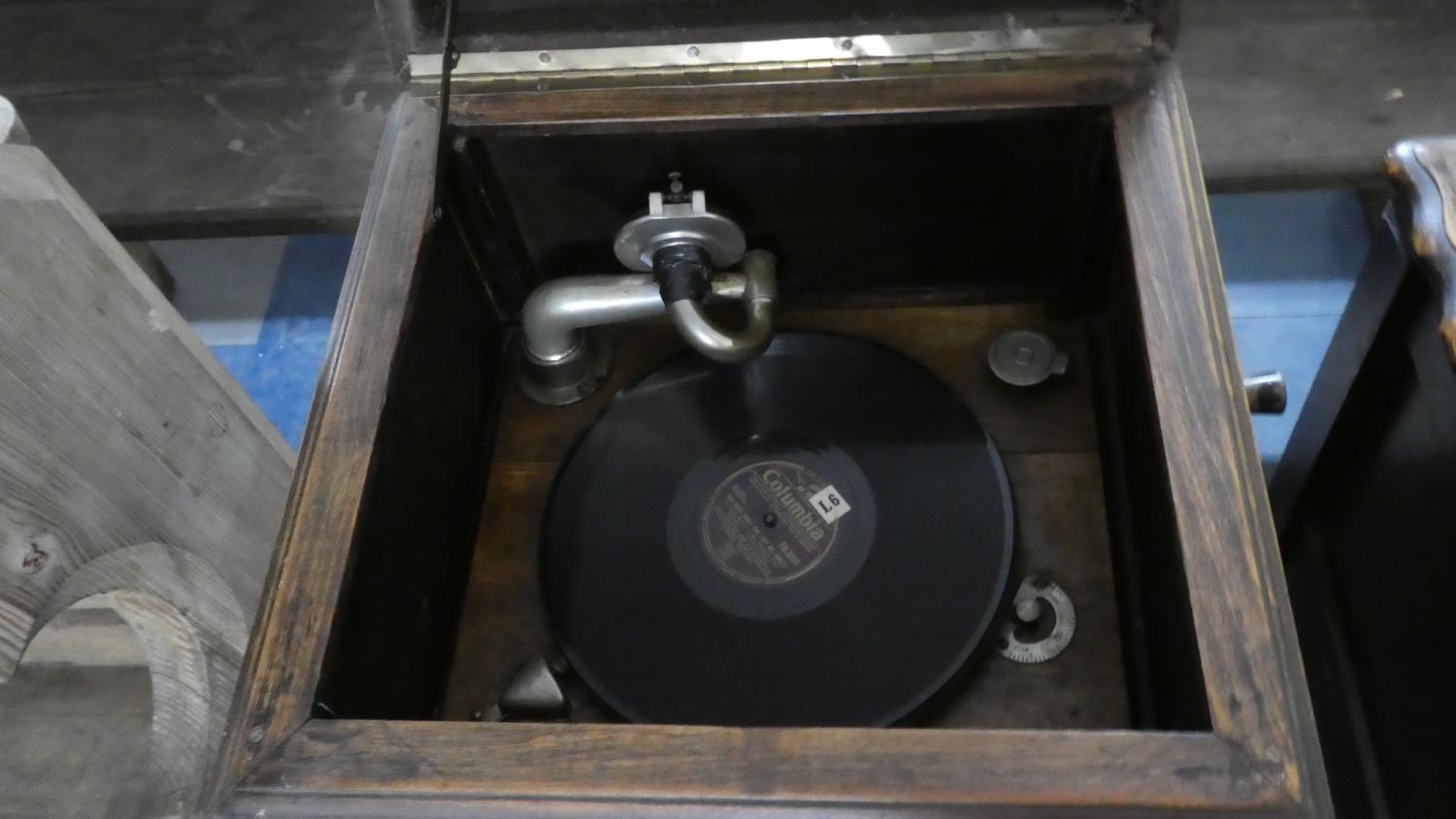 A Walnut Bedside Cabinet on Barley Twist Supports Together with a Wind up Gramophone in Cabinet ( - Image 2 of 3