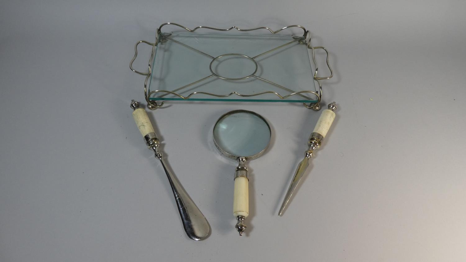 An Early 20th Century Art Deco Desk Set of Bone Handled Magnifying Glass, Letter Opener and Shoe