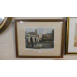 A Framed Coloured Engraving of River Bridge, Signed by the Artist Edward King, 36cm Wide