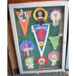 A Glazed Wall Mounting Notice Board Containing Scottish Football Pennants and Rosettes, 91cm High