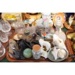 A Tray of Curios to Include Vintage Glass Measuring Jars, Animal and Bird Ornaments, Scent