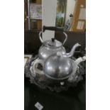 A Large Engraved Silver Plated Tray Together with Aluminum Kettle and Vintage Heat Master Teapot