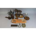 A Tray of Curios to Include Leather Cased Tape Measure, Model Balsa Wood Spitfire, Horse Door