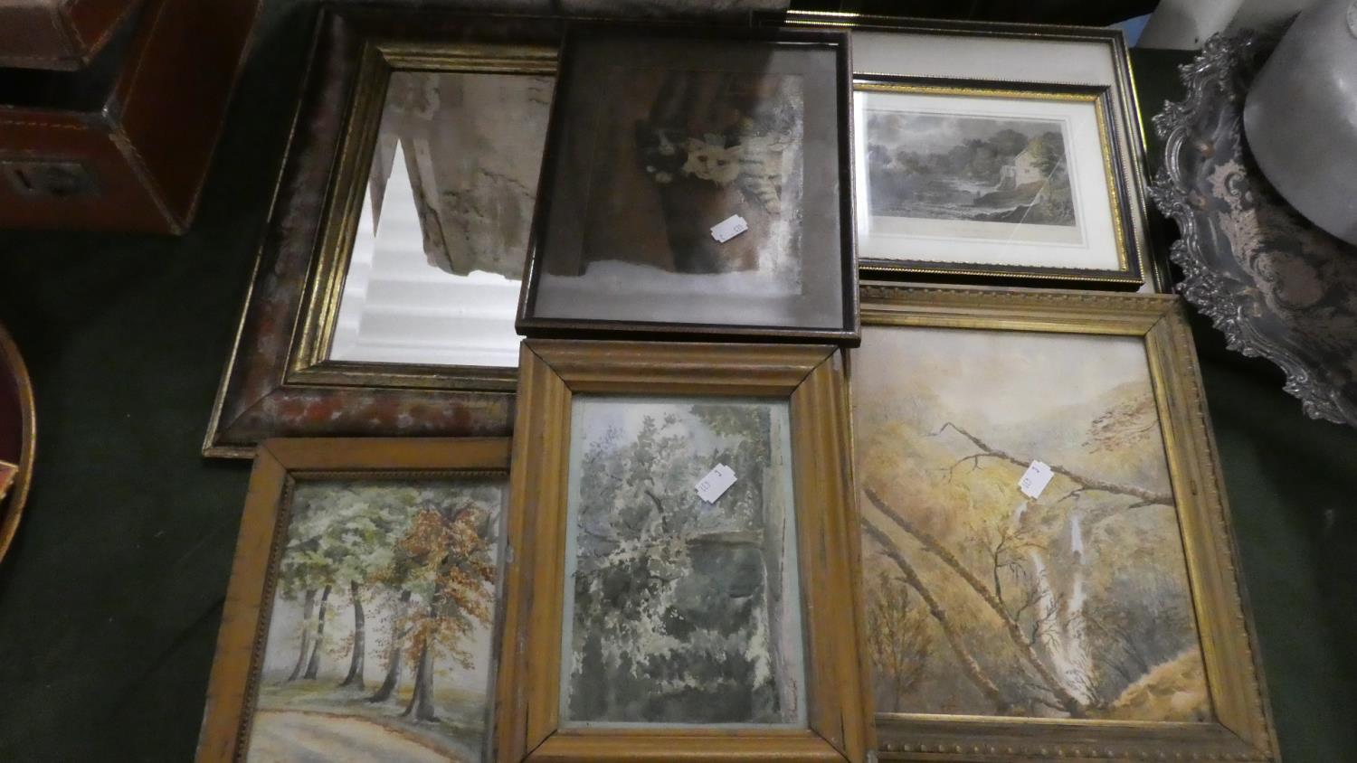 A Collection of Four Water Colours, Two Coloured Engravings and a Wall Mirror