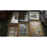 A Collection of Four Water Colours, Two Coloured Engravings and a Wall Mirror