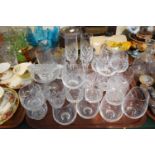 A Tray of Cut and Other Drinking Glasses to Include Champagnes, Brandy Balloons, Whisky Glasses etc