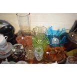 A Tray of Coloured and Plain Glassware to Include Handkerchief Bowl, Water Jugs, Vases, Candle