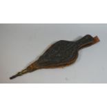 A Scottish Carved Oak and Leather Bellows with Thistle Decoration and Brass Nozzle, 49cm Long