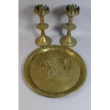 A Brass Butlers Ales Advertising Tray and Pair of Brass Candle Sticks, Each 27cm High