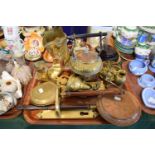 A Tray of Brassware to Include Door Handle, Spirit Kettle, Boot Ornaments, Cribbage Board etc