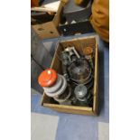 A Box Containing Six Vintage Hurricane Lamps
