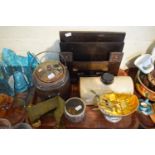 A Tray of Curios to Include Oak Biscuit Barrel, Paper Rack, Hot Water Bottle, Dressing Table Pot etc