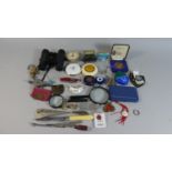 A Box of Sundry Items to Include Binoculars, Costume Jewellery, Brandy Decanter Label Etc