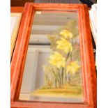 A Late 19th/Early 20th Century Velvet Framed Wall Mirror with Daffodil Painted Decoration, 65cm High