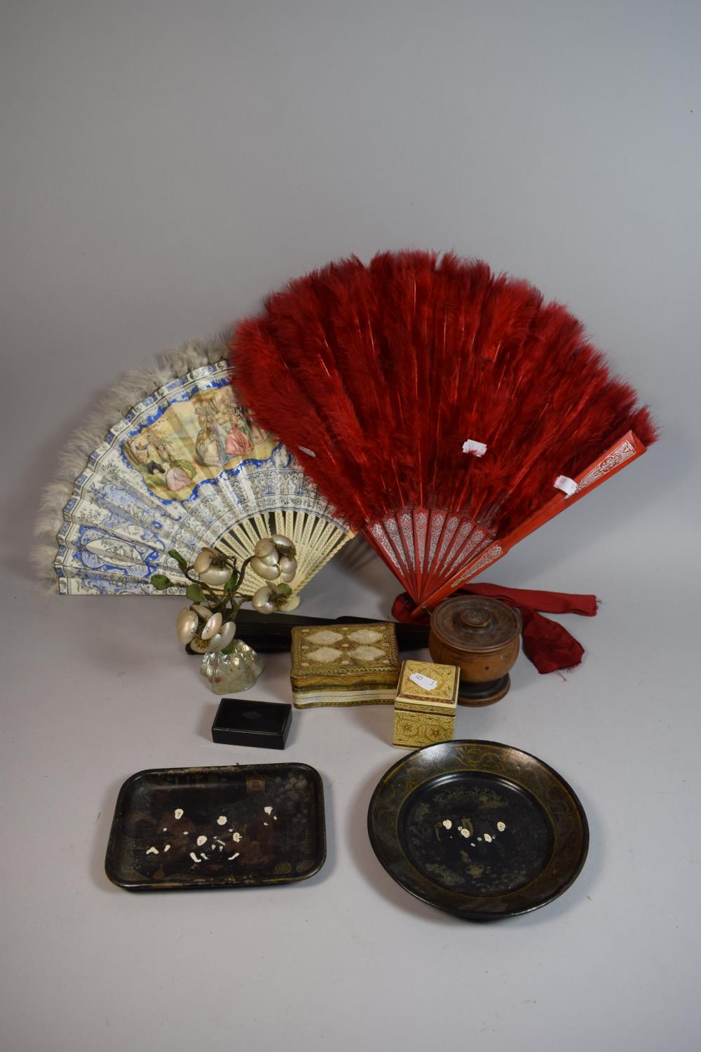 A Tray Containing Three Vintage Fans, Lidded Boxes, Turned Wooden Vase and Cover etc