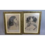 A Pair of Gilt Framed Pencil Sketches of Young Girls, Each 40cm High