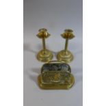 A Pair of Iron Weighted Brass Candle Sticks, 16cm High Together with a Victoria Jubilee 1887