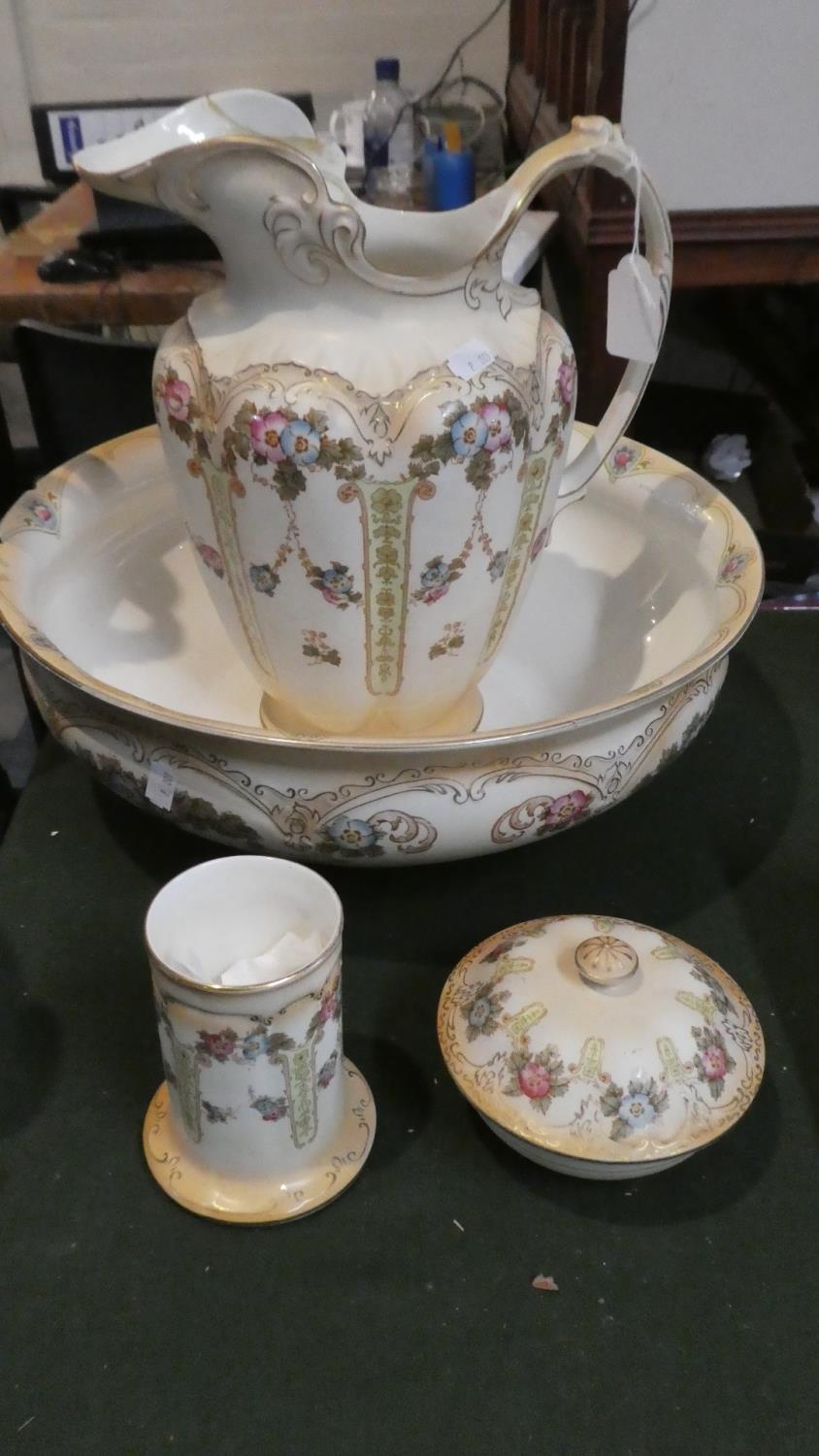 A Blush Ivory Crown Devon Toilet Set Comprising Jug, Bowl, Spill Vase and Soap Dish