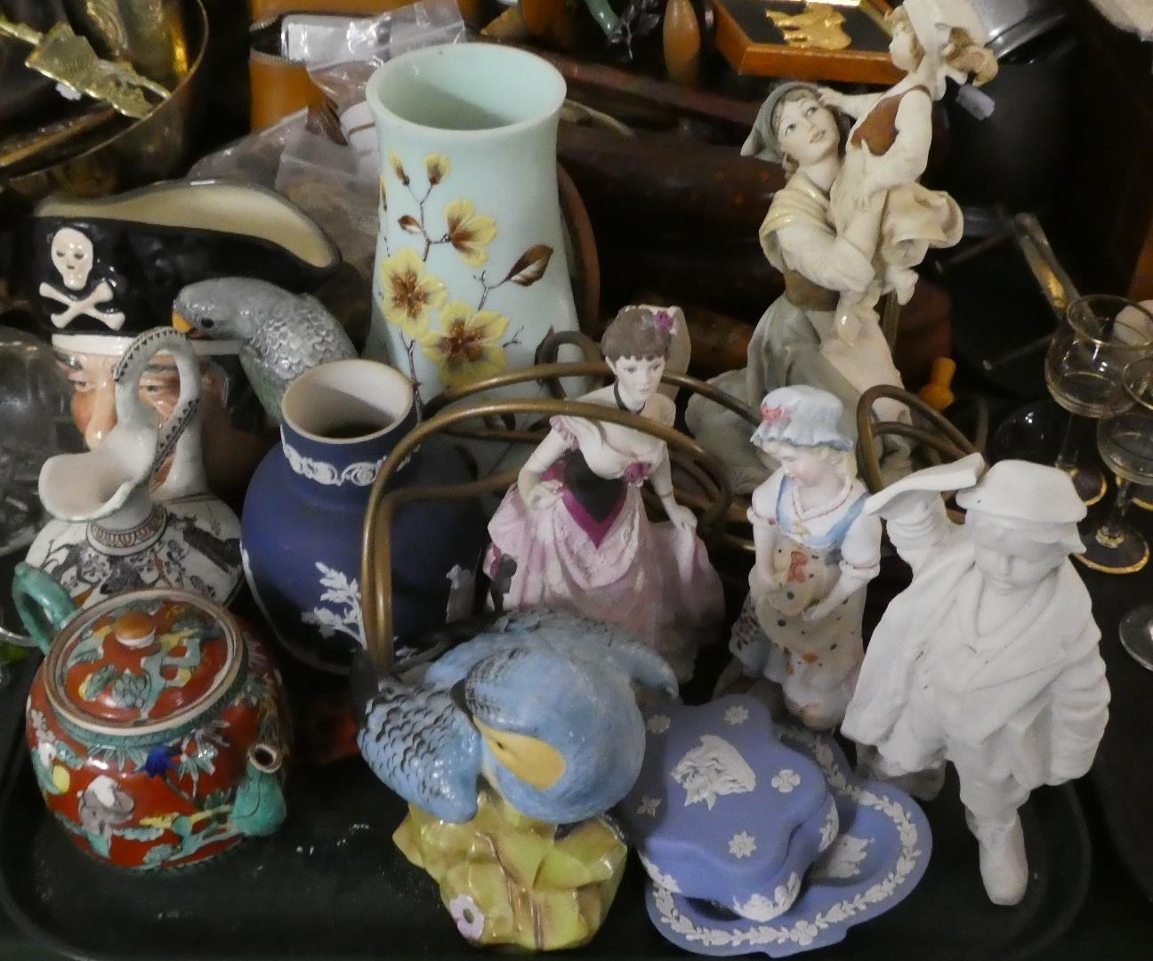 A Tray of Figural and Parrot Ornaments, Wedgwood Jasperware, Decorated Glass Vase etc