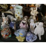 A Tray of Figural and Parrot Ornaments, Wedgwood Jasperware, Decorated Glass Vase etc