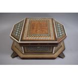 A Profusely Inlaid Indian Work Box with Hinged Lid Having Palace and Elephant Decoration in Relief