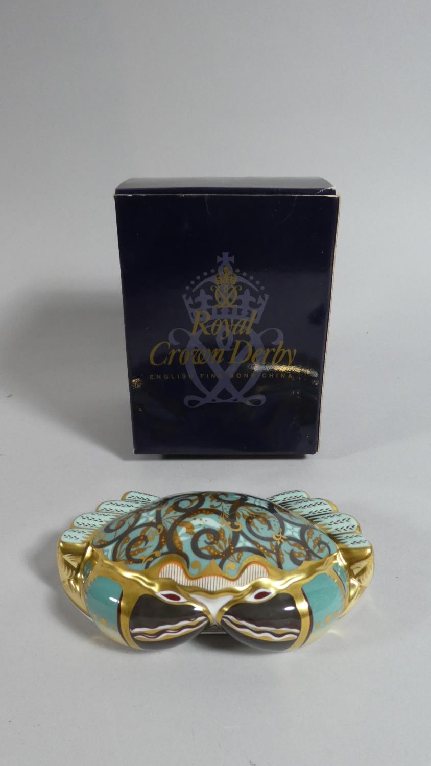 A Royal Crown Derby Cromer Crab Paperweight with Gold Button in Original Box (Hairline)