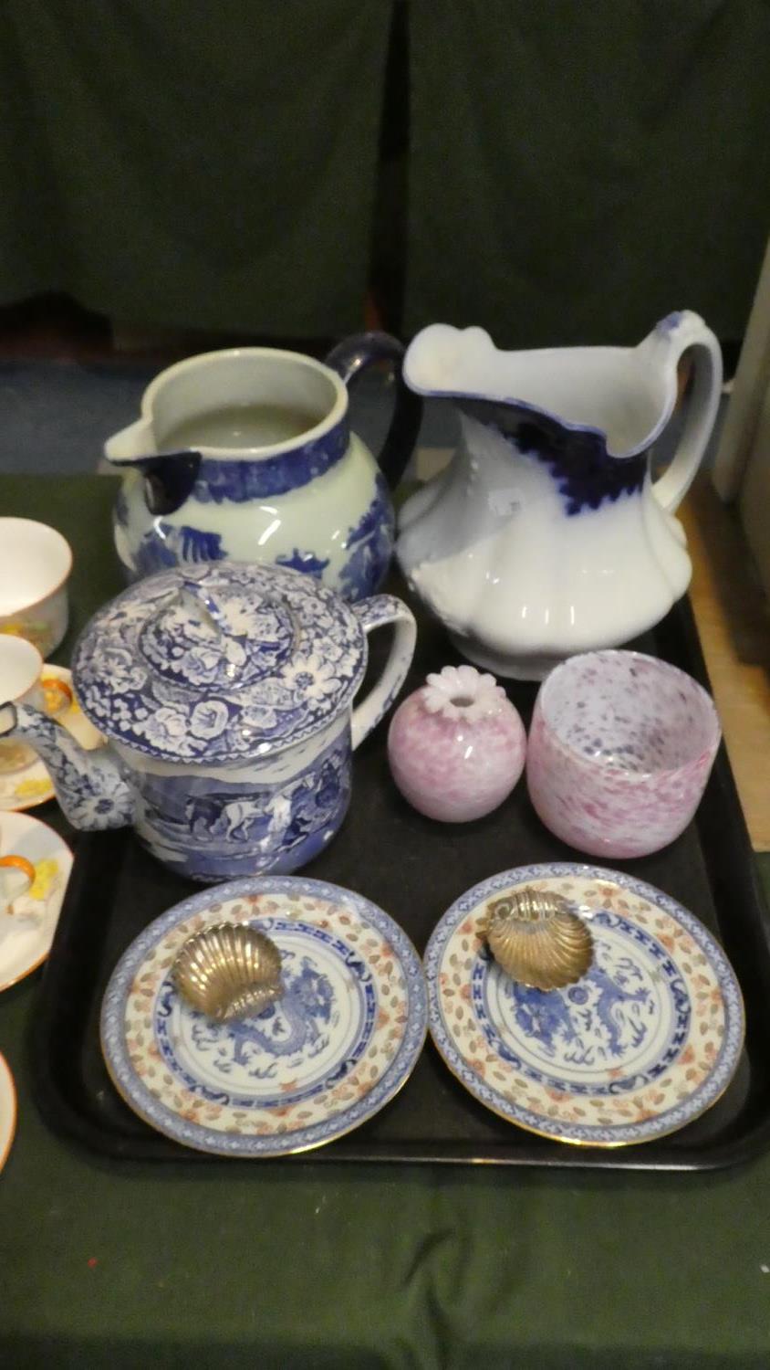 A Collection of Blue and White Jugs, Teapot, Pair of Blue and White Oriental Plates, Two Shell