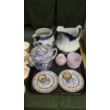 A Collection of Blue and White Jugs, Teapot, Pair of Blue and White Oriental Plates, Two Shell