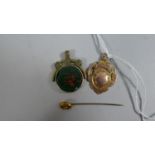 A 9ct Gold Fob, Gold Stick Pin and Swivel Fob with Blood Stone