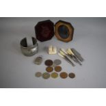 A Collection of Curios to Include Ambrotype Photograph, White Metal Bangle, Coins, Penknife,