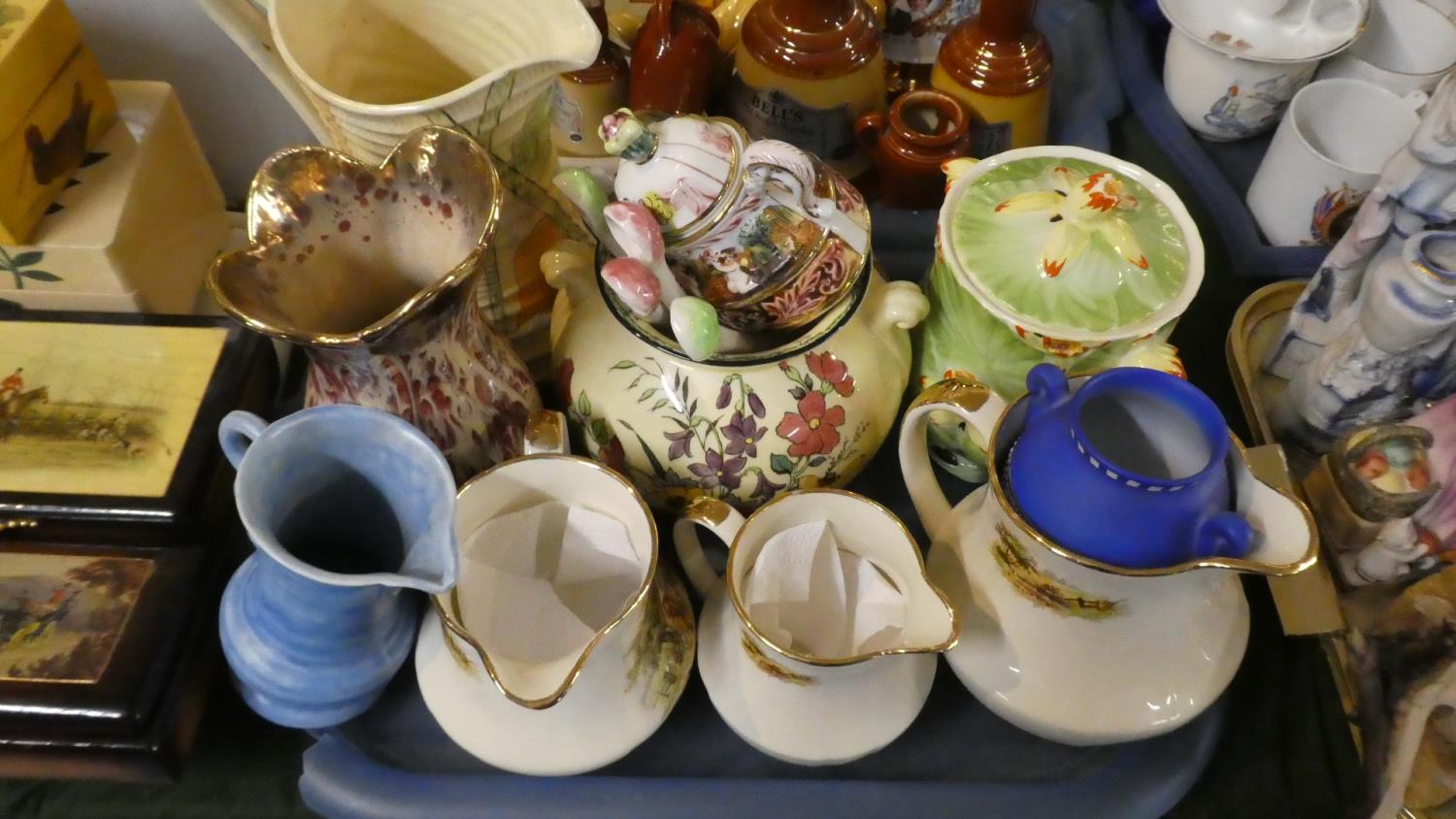 A Tray of Ceramic Jugs, Vases, Storage Jars, Capodimonte Sugar Bowl etc