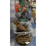 Three Boxes of Various Tools, Two Helmet Shaped Coal Scuttles, Scactruck Flatirons etc