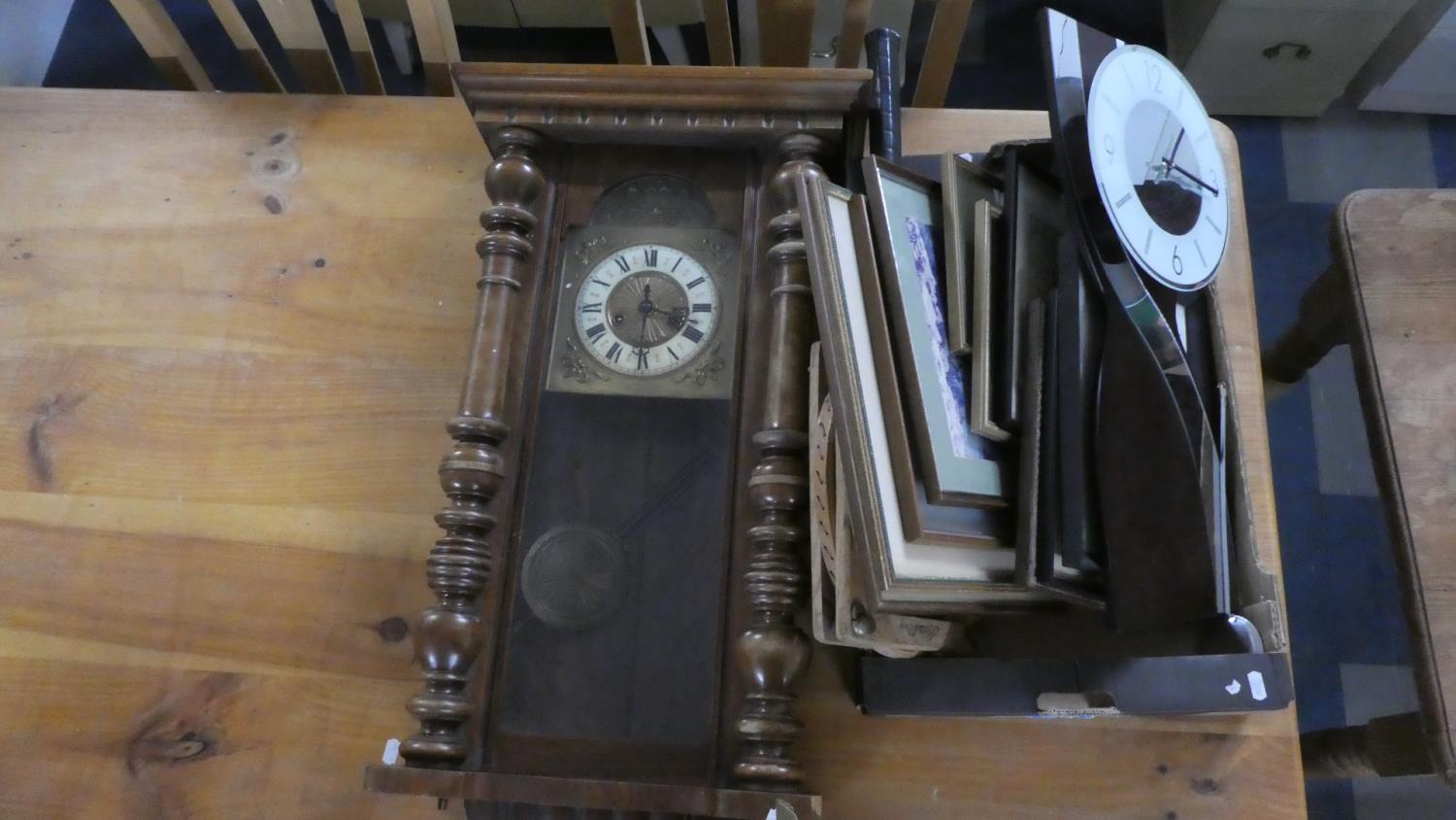 A Wall Clock for Restoration, Various Pictures and Prints , Vintage Racket and a Modern Clock