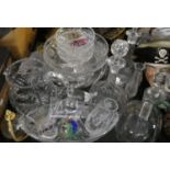 A Collection of Glassware to Include Pair of Decanters, Glass Whiskey Flask, Paperweights, Royal