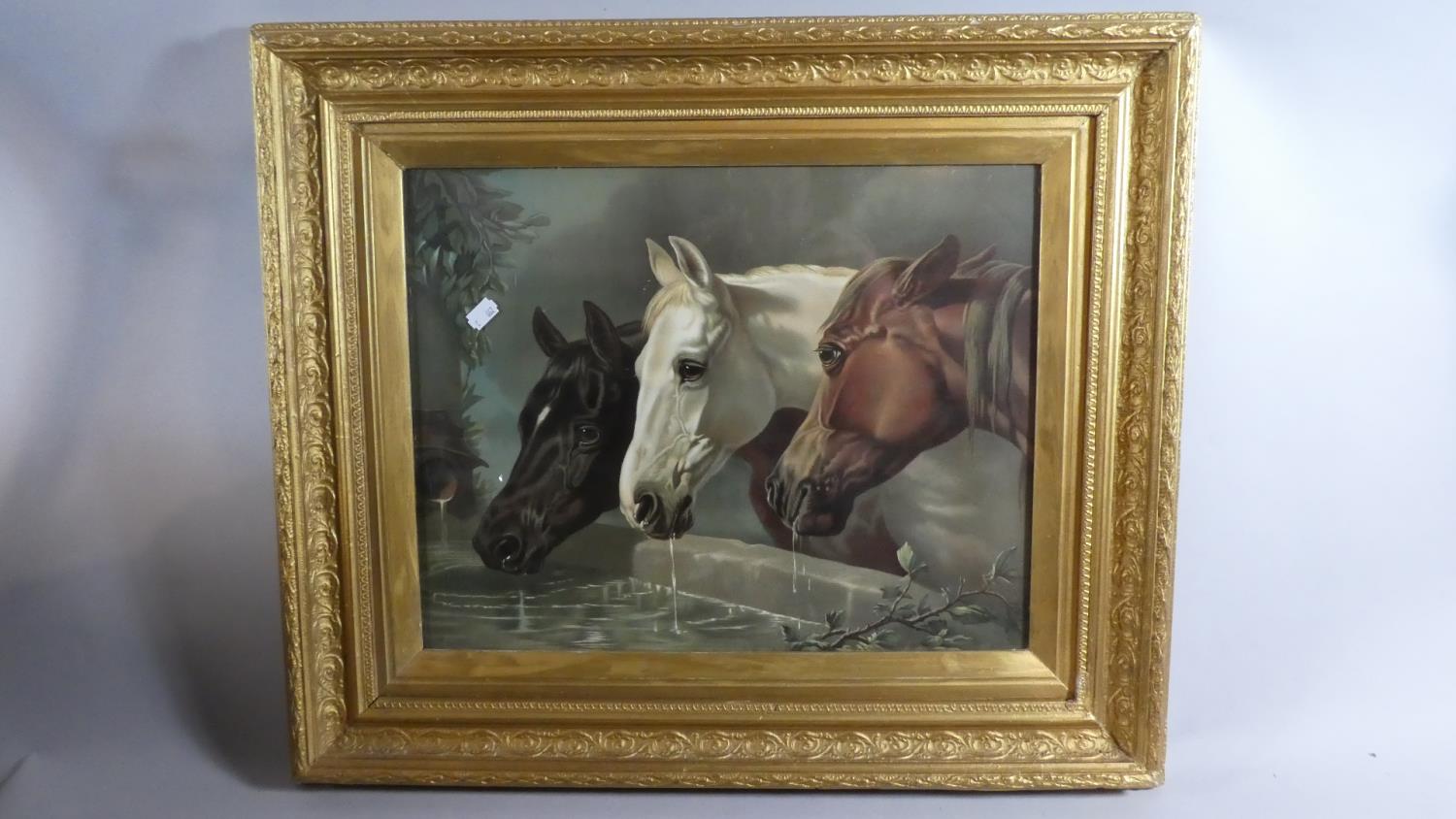 A Gilt Framed Print of Three Horses Drinking, 46cm Wide