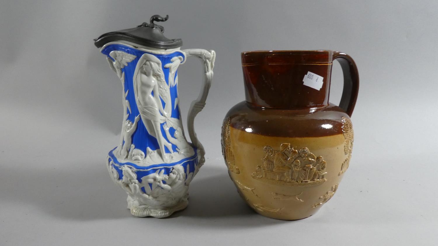 A Treacle Glazed Doulton of Lambert Tavern Jug Together with a Salt Glazed Pewter Topped Jug with