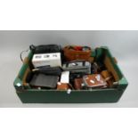 A Box Containing Various Vintage Cameras, Binoculars Etc