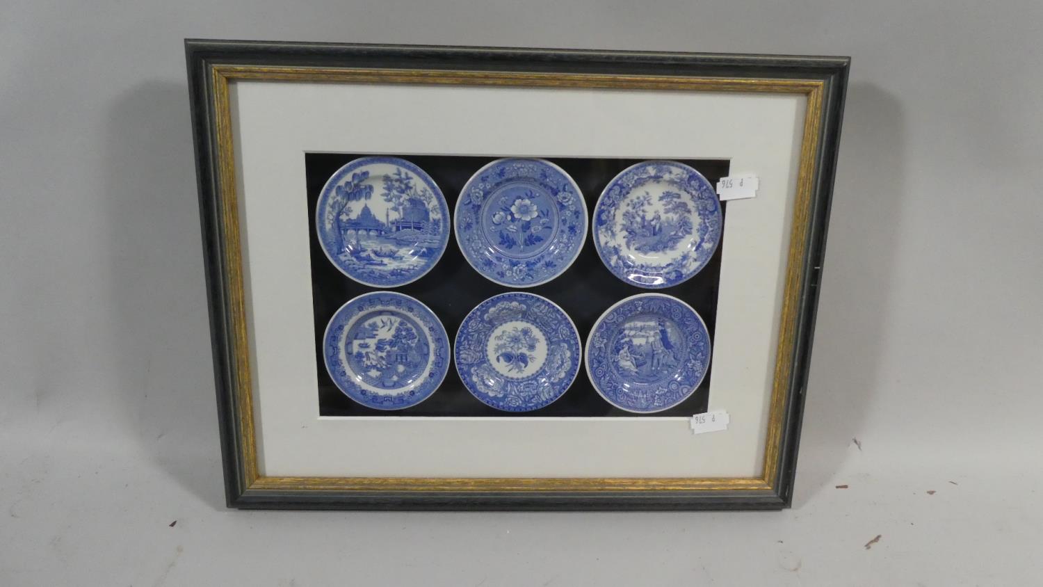 A Framed Set of Six Spode Blue Room Collection Pin Dishes, 37cm Wide