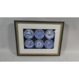 A Framed Set of Six Spode Blue Room Collection Pin Dishes, 37cm Wide