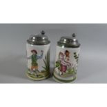 A Pair of Hand Painted Late 20th Century Lager Steins with Pewter Lids, Each 21cm high