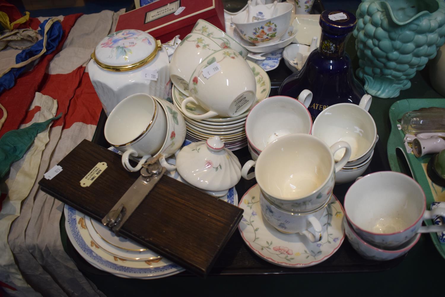 A Tray Containing Various Ceramics to Include Wedgwood Raspberry Teacups and Saucers, Aynsley Little