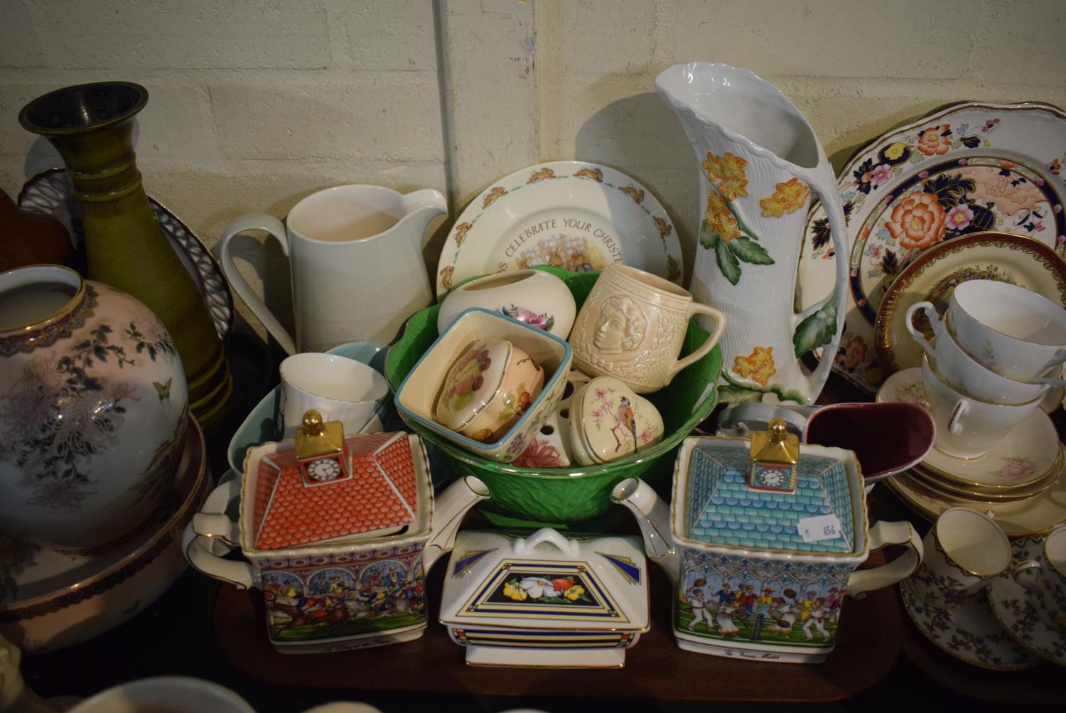 A Tray of Ceramics to Include Two Sadler Novelty Teapots, Bunnykins Christening Plate, Floral