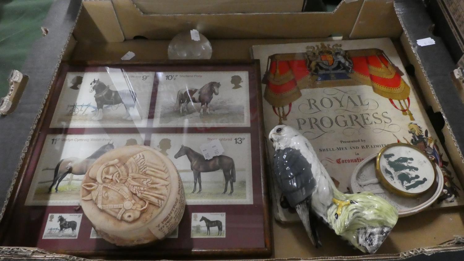 A Box Containing a Tray of Sundries to Include Beswick Merlin Decanter, Royal Progress Coronation