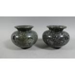 A Pair of Variegated Green Marble Urns. 11cms Diameter